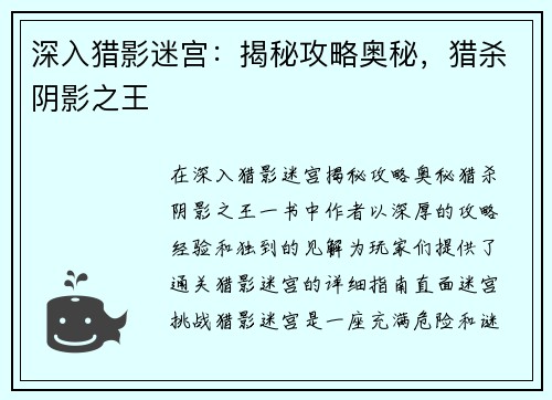 深入猎影迷宫：揭秘攻略奥秘，猎杀阴影之王