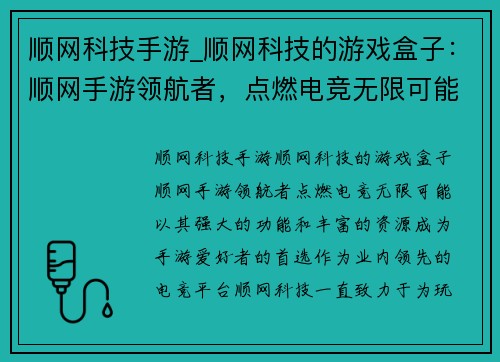 顺网科技手游_顺网科技的游戏盒子：顺网手游领航者，点燃电竞无限可能